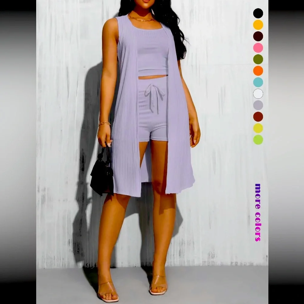 Loungewear 3 piece Set Top Shorts Duster Boutique New Comfy Soft Stretchy - Picture 2 of 16